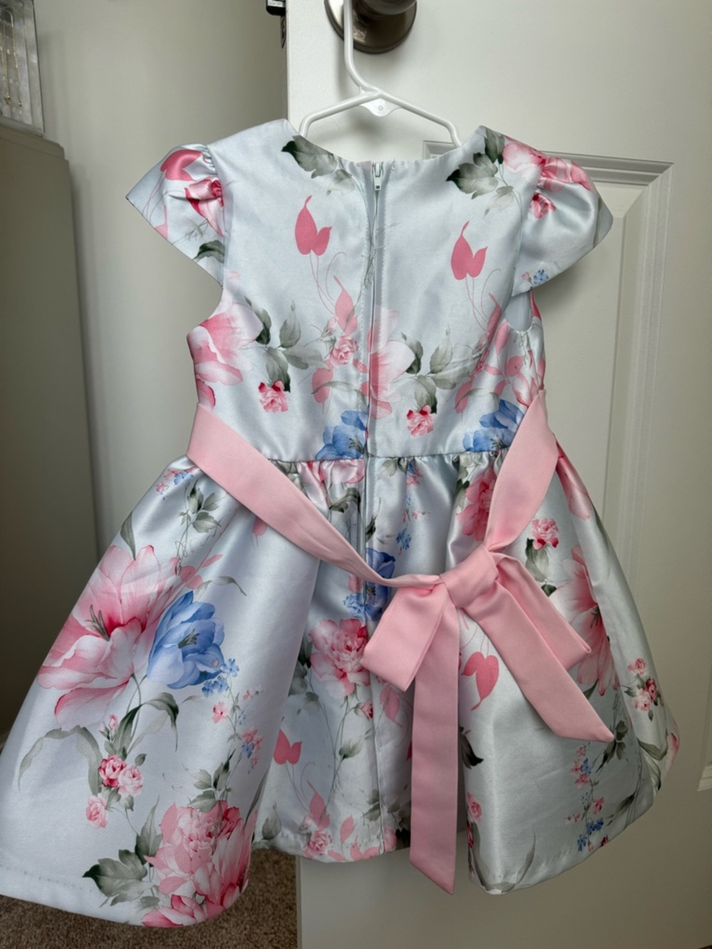 Rare Editions Pale Blue Floral Satin Dress with Pink Bow - Picture 2 of 3